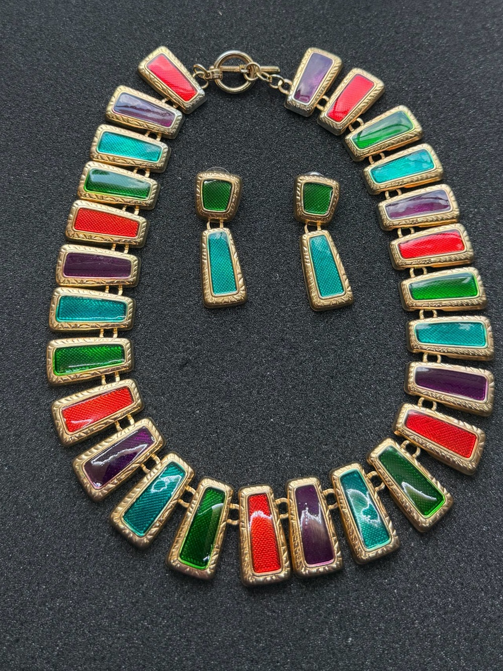 Vintage Gold-Tone Multicolor Enamel Link Necklace And Earrings Set - Picture 1 of 9